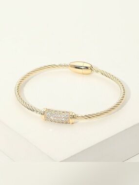 14K Gold Plated CZ Pave Bar Accent Twisted Cable Magnetic Bangle Bracelet